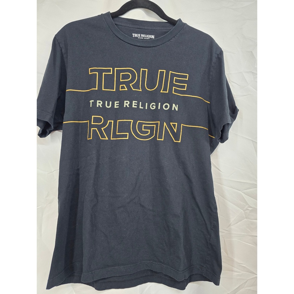 True Religion Mens RLGN Logo Graphic T-Shirt Black Gold Size Large Short‎ Sleeve